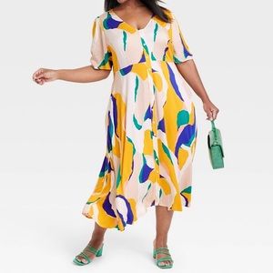 Ava & Viv Midi Multicolor Short Sleeve Button-Front Shirtdress Plus Size  XXL 2X